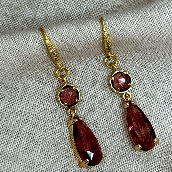 Burgundy Red Gold Long Drop Glass with Rhinestone Hooks Handmade Earrings - Picture 1 of 3